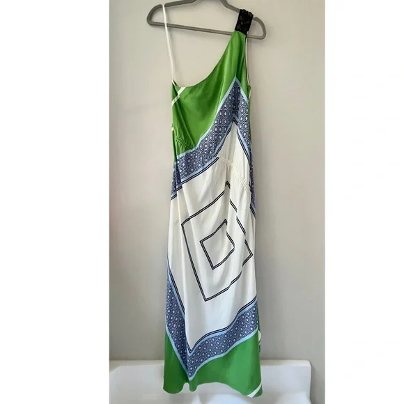 Tory Burch Green, White and Blue Scarf-Print Asymmetrical Maxi Dress - Picture 3 of 11